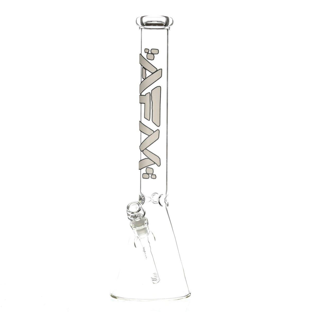 Side view of AFM 21 inch Beaker White Logo glass waterpipe with sturdy beaker base