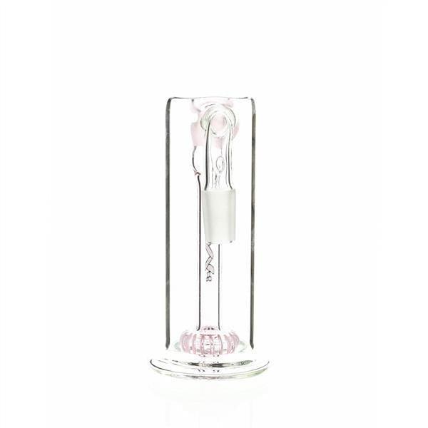 Close-up of pink glass AFM ashcatcher with 90 degree joint and showerhead percolator