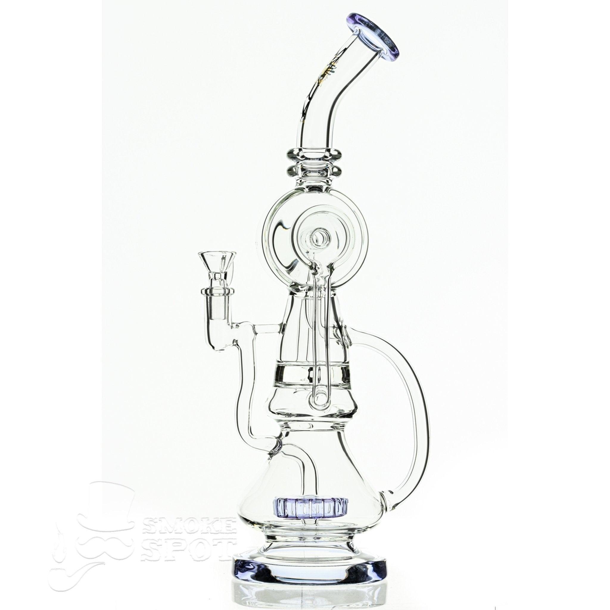 Top view of Aqua Glass cylinder top dual arm recycler light purple waterpipe