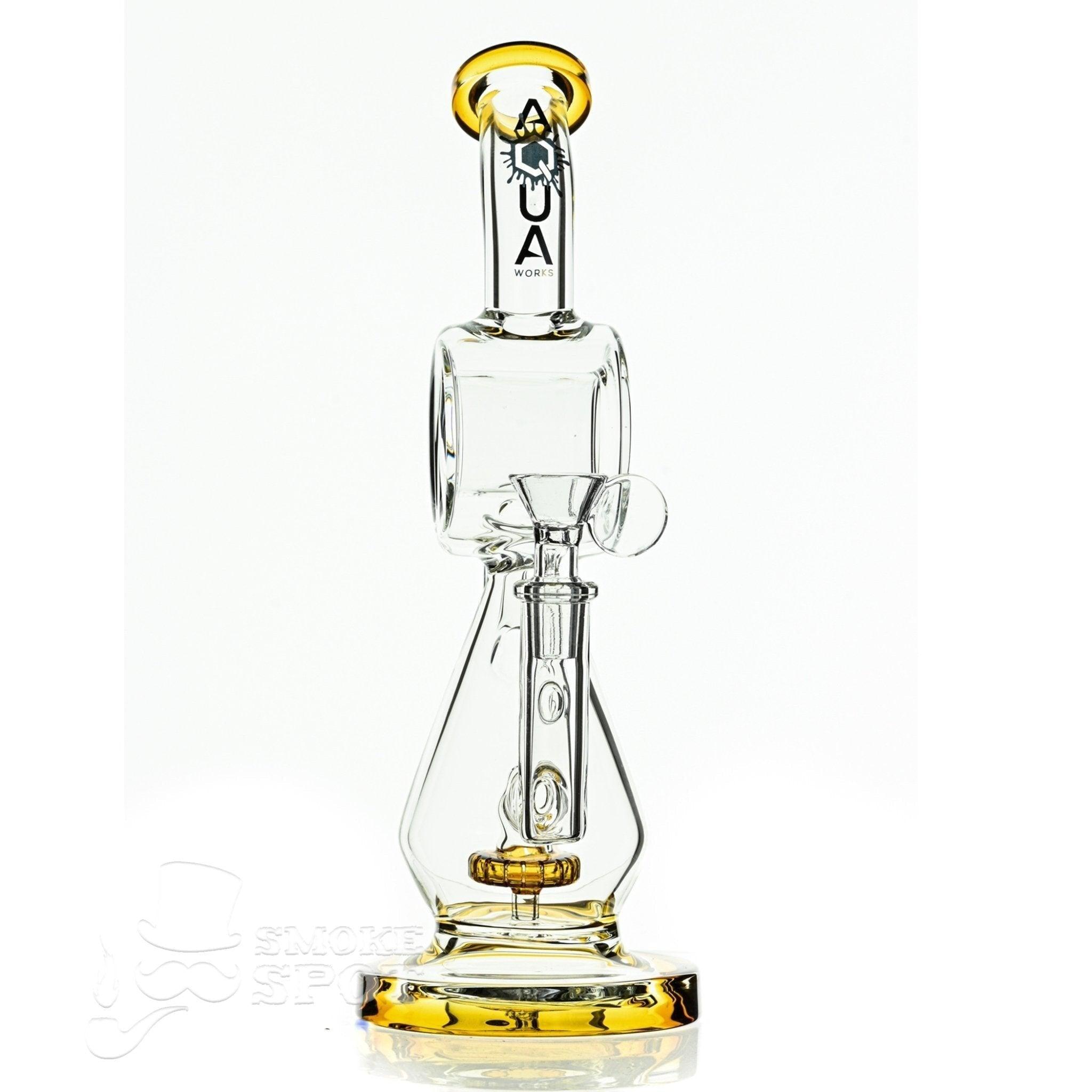 Close-up of disc percolator on Aqua Glass hour glass waterpipe amber