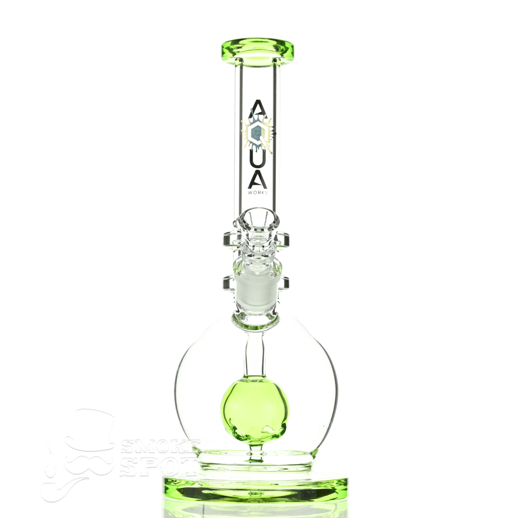 Full profile of Aqua Glass ORB waterpipe with crown diffused fixed orb percolator slime green