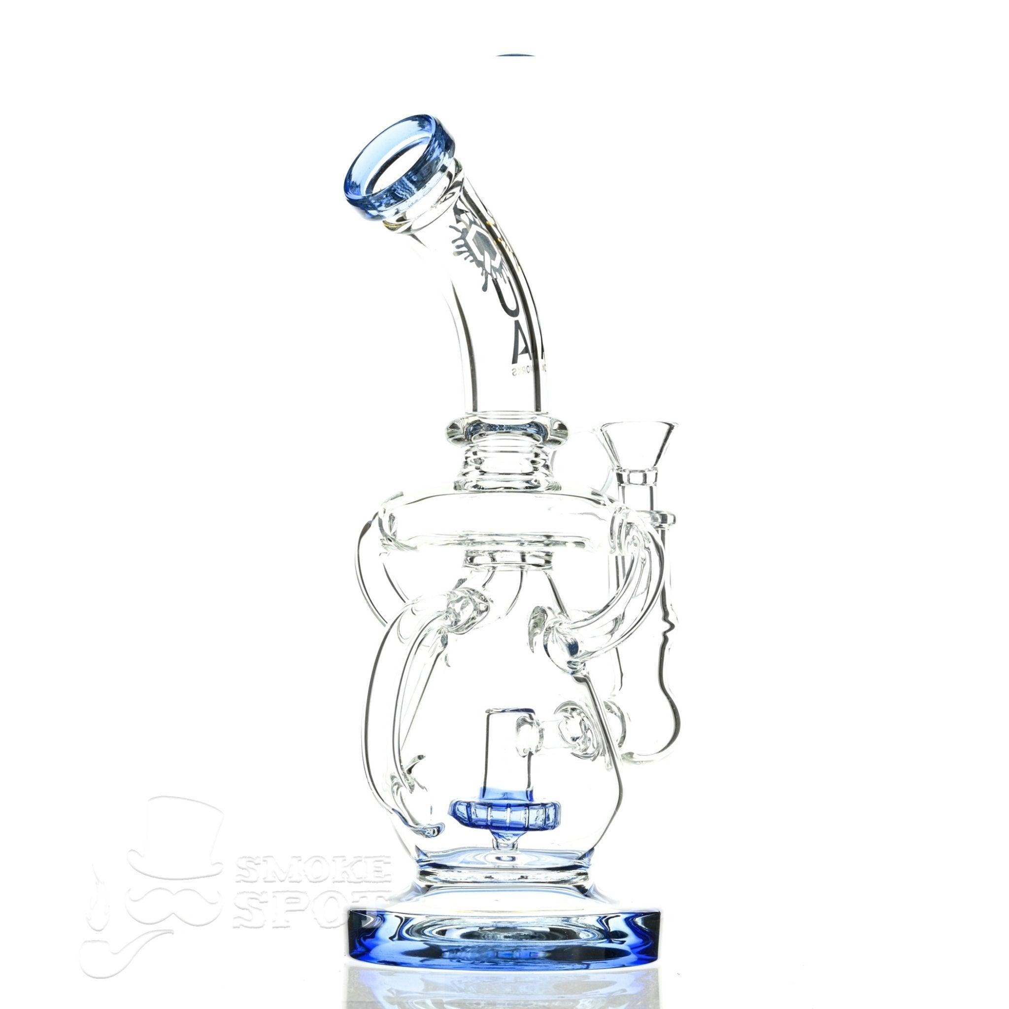 Close-up of Aqua Glass shower puck perc water drop recycler blue joint and percolator