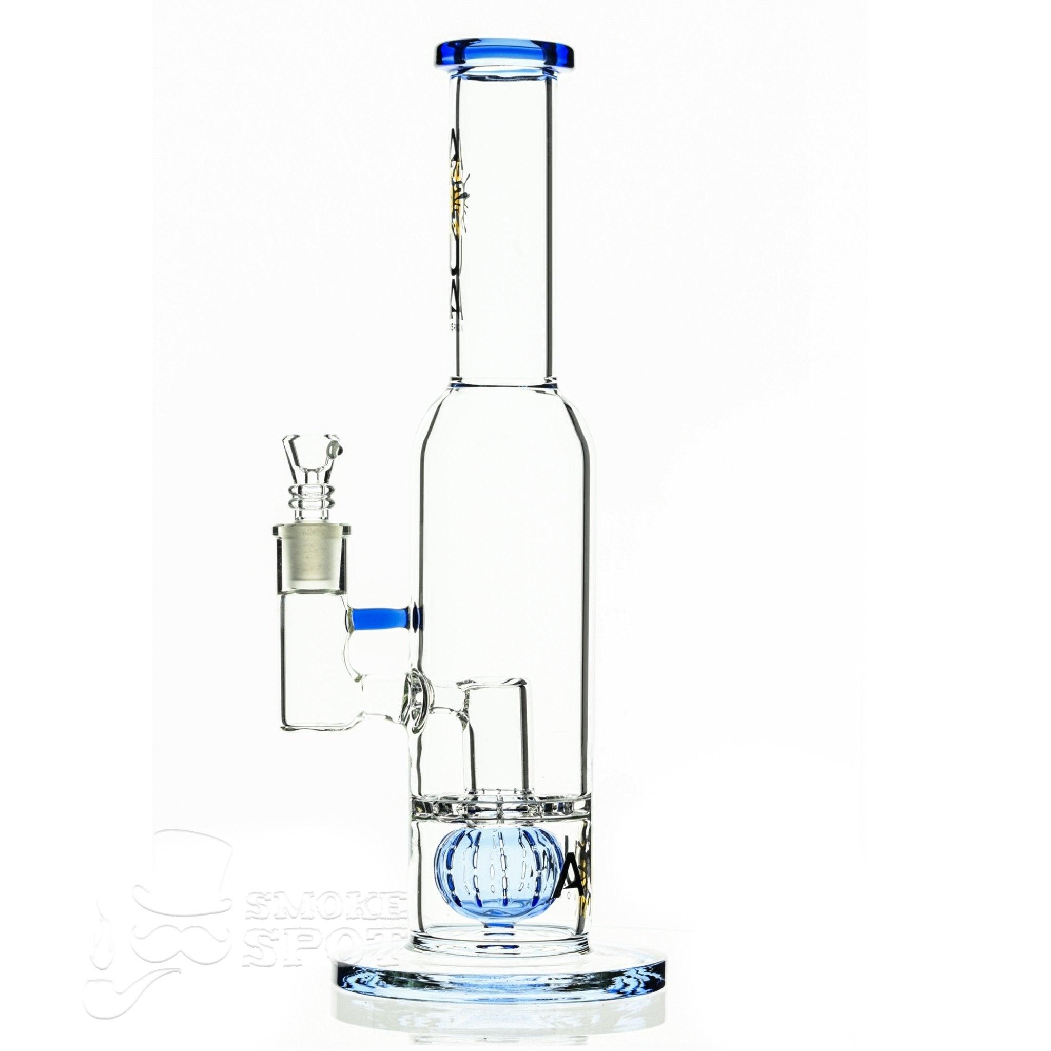 Aqua Glass stemless bottle with blue grid ball percolator on display