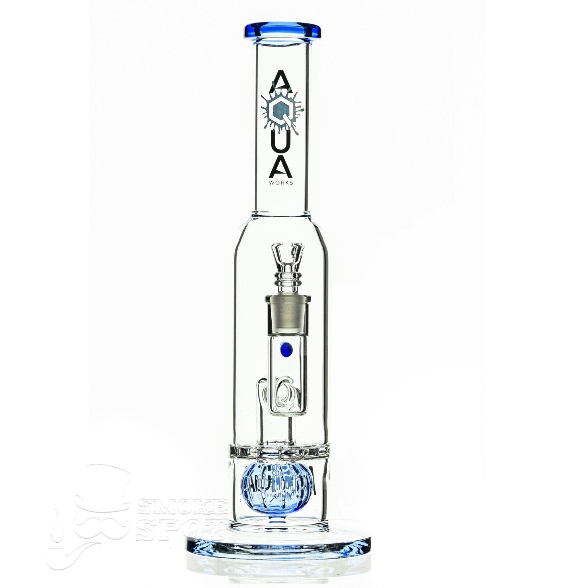 Aqua Glass stemless bottle with grid ball percolator angled view