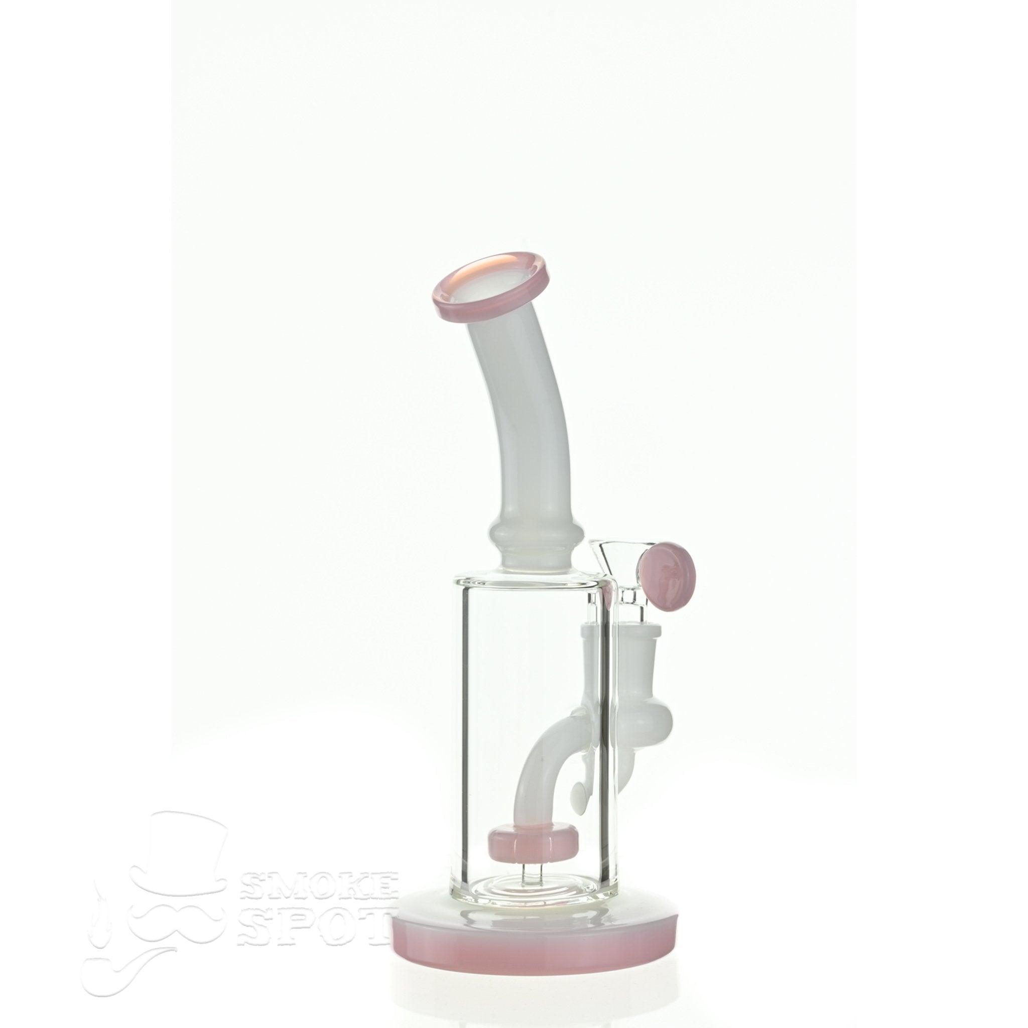 Close-up of Aqua Glass stemless bubbler white pink base and joint