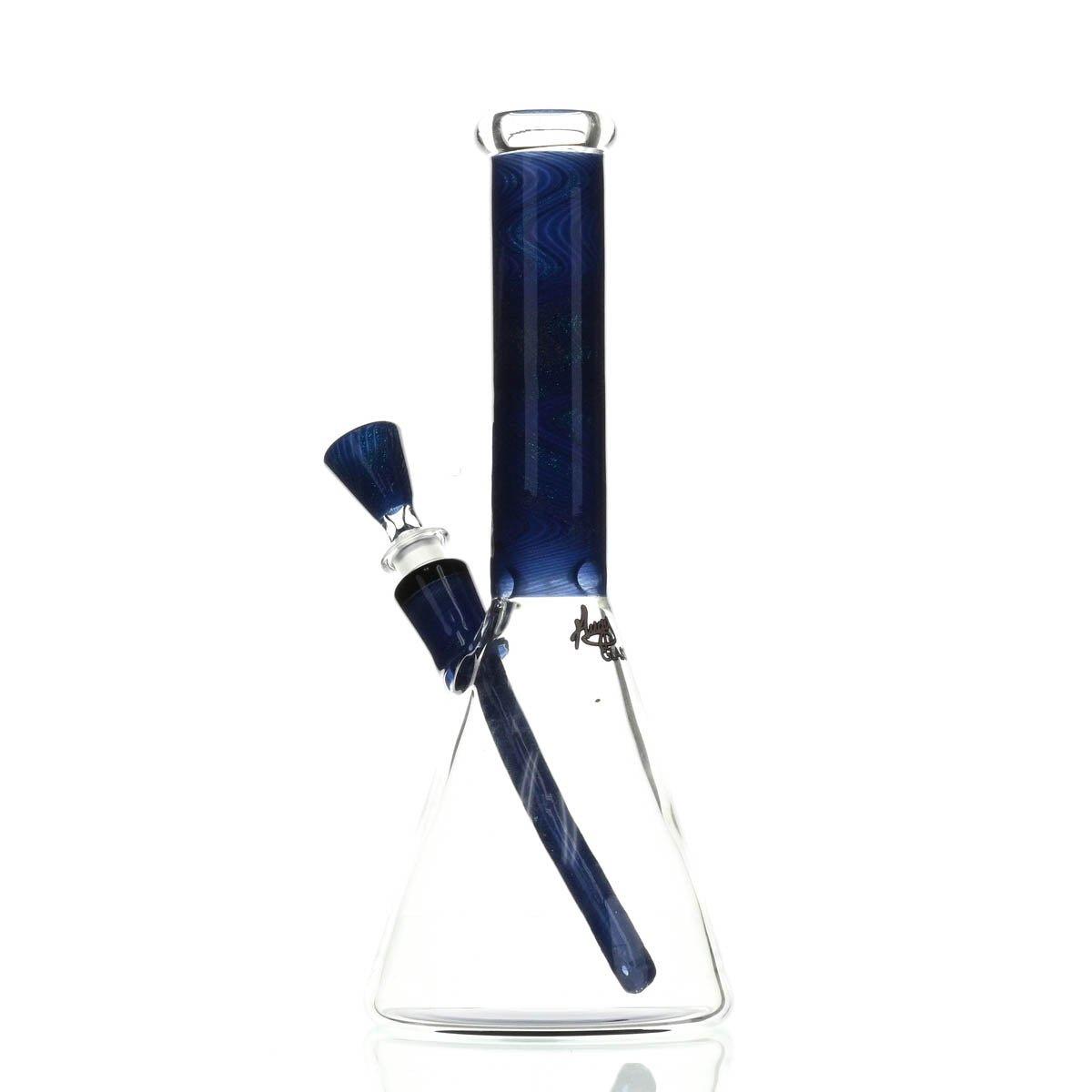 Close-up of AUGY GLASS 12 Inch Beaker Blue Dichro joint and downstem