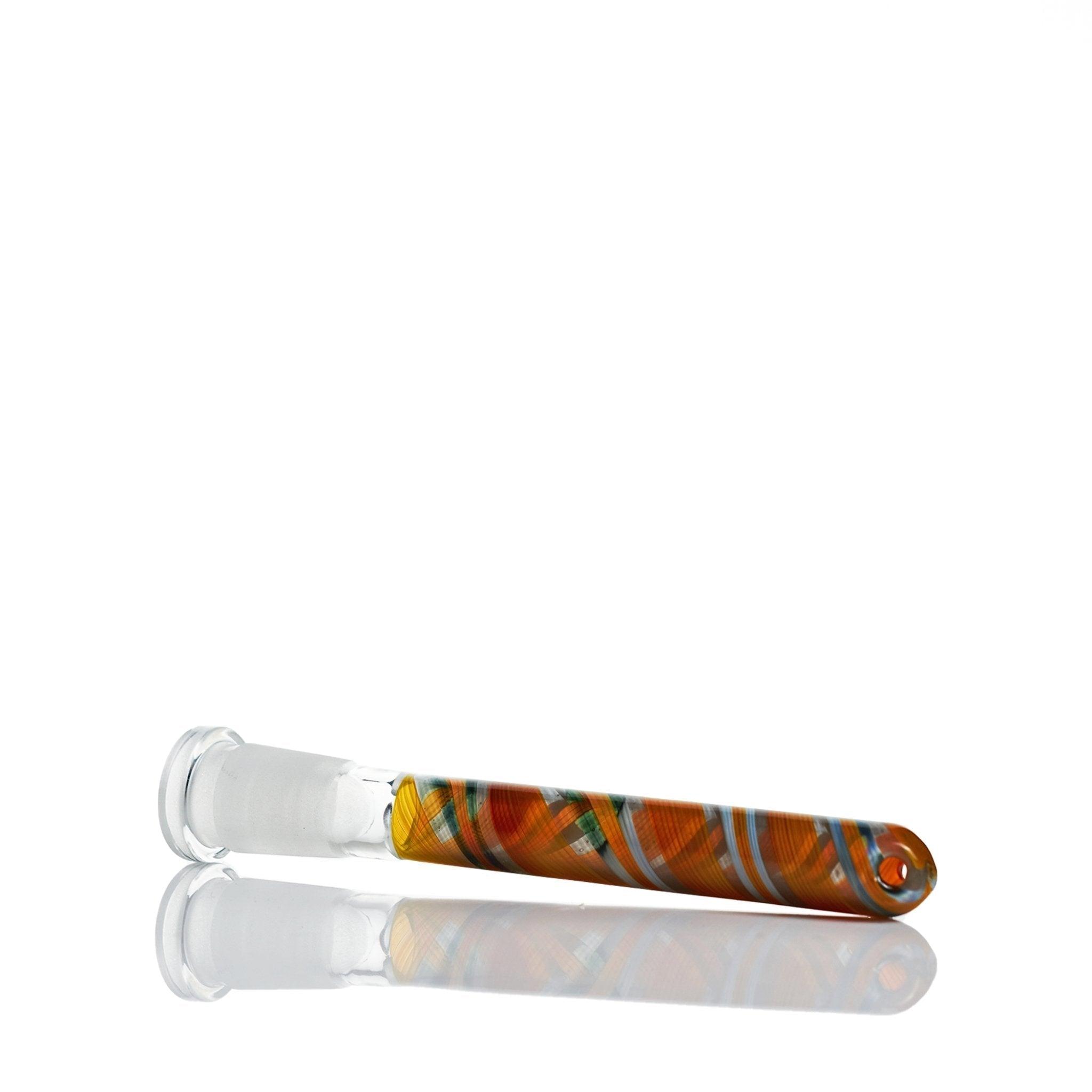 Close-up of Augy Glass 14mm Downstem 5 Inch with Orange White and Black Swirls