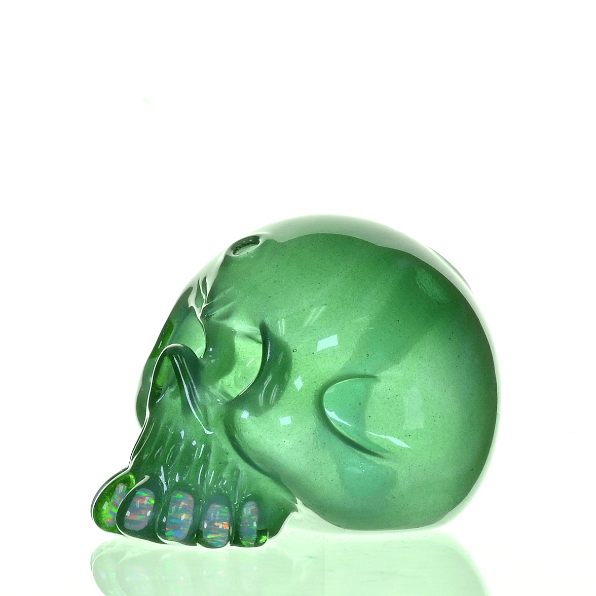 CARSTEN GLASS GREEN SATIN SKULL RIG W/OPAL TEETH - Smoke Spot Smoke Shop