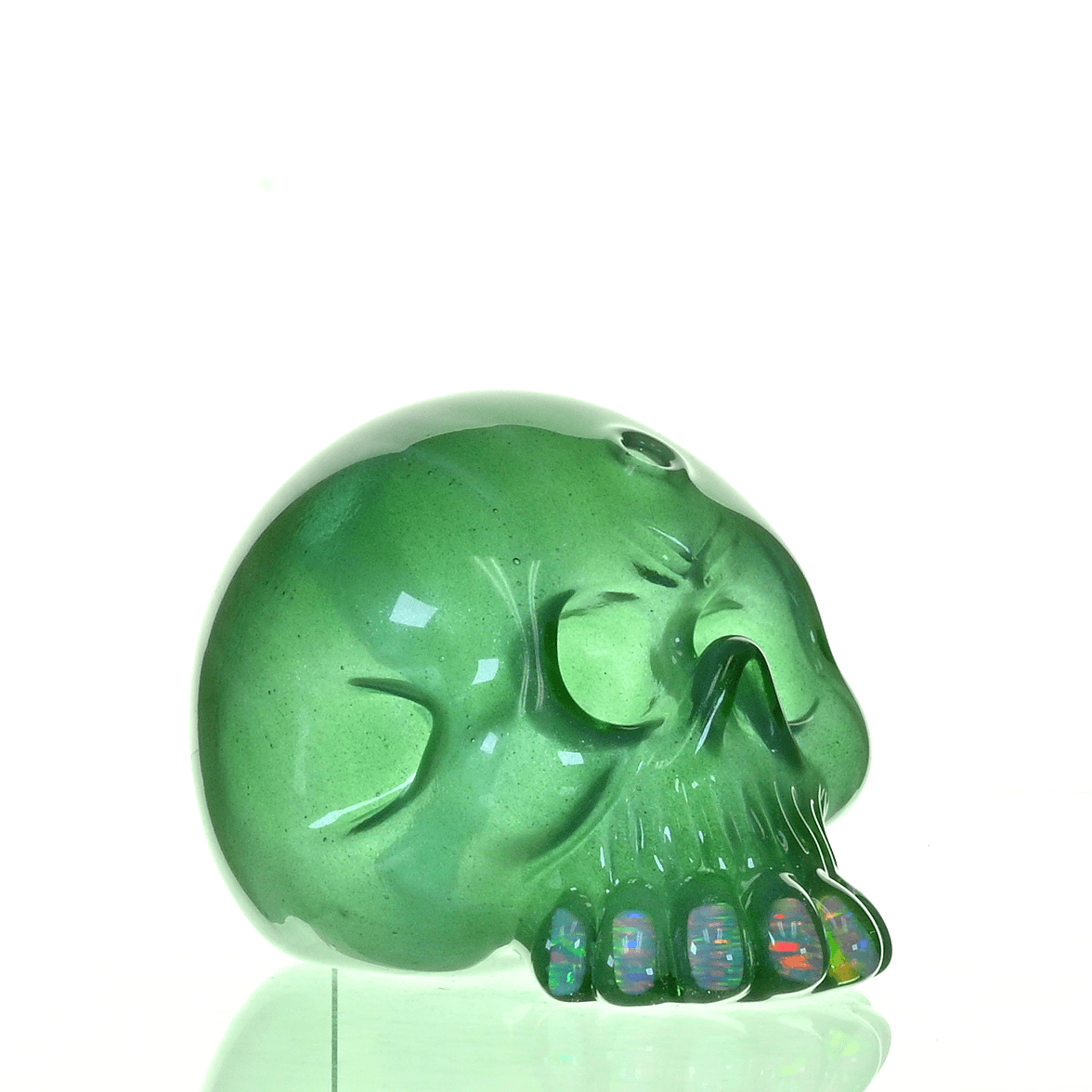 CARSTEN GLASS GREEN SATIN SKULL RIG W/OPAL TEETH - Smoke Spot Smoke Shop