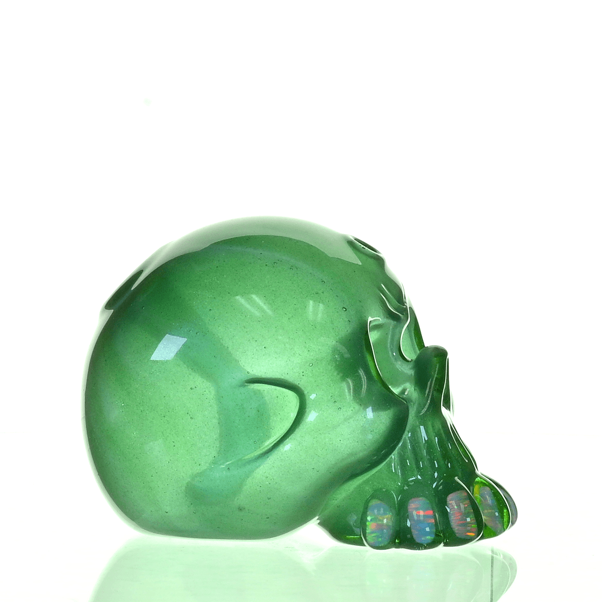 CARSTEN GLASS GREEN SATIN SKULL RIG W/OPAL TEETH - Smoke Spot Smoke Shop