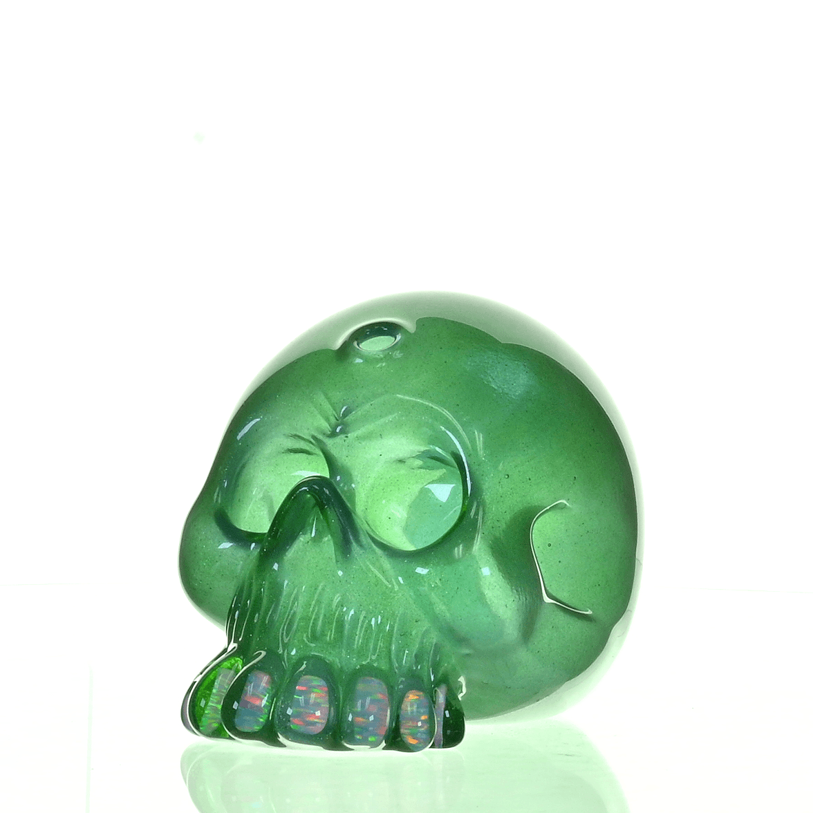 CARSTEN GLASS GREEN SATIN SKULL RIG W/OPAL TEETH - Smoke Spot Smoke Shop