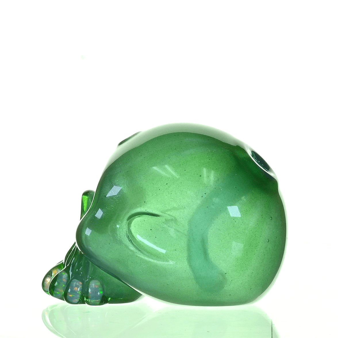 CARSTEN GLASS GREEN SATIN SKULL RIG W/OPAL TEETH - Smoke Spot Smoke Shop