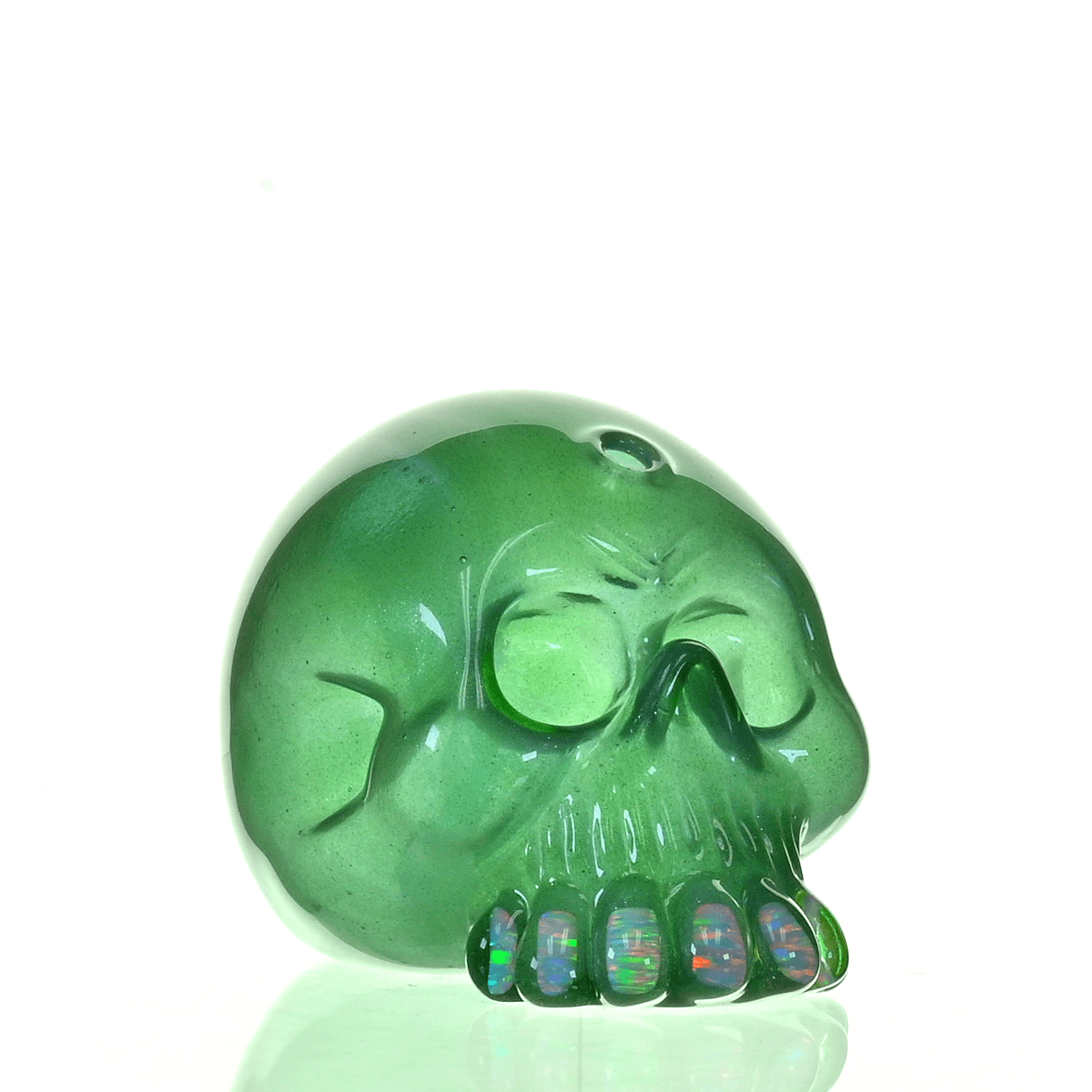 CARSTEN GLASS GREEN SATIN SKULL RIG W/OPAL TEETH - Smoke Spot Smoke Shop