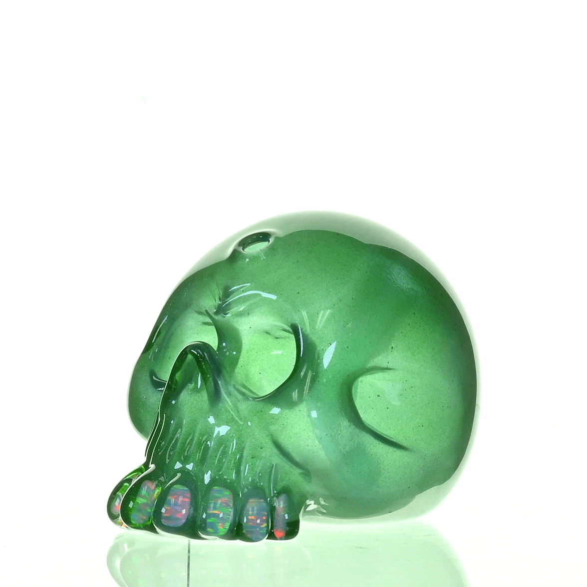 CARSTEN GLASS GREEN SATIN SKULL RIG W/OPAL TEETH - Smoke Spot Smoke Shop