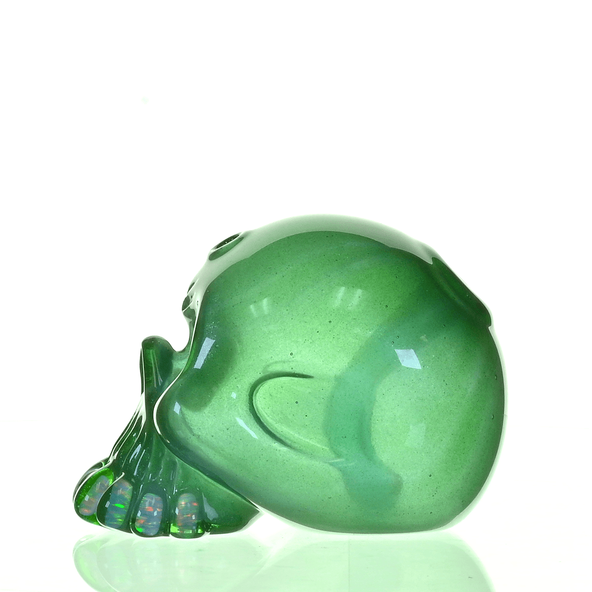 CARSTEN GLASS GREEN SATIN SKULL RIG W/OPAL TEETH - Smoke Spot Smoke Shop