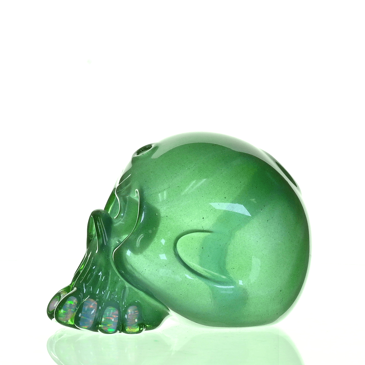 CARSTEN GLASS GREEN SATIN SKULL RIG W/OPAL TEETH - Smoke Spot Smoke Shop