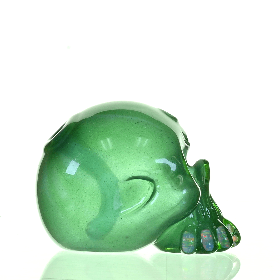 CARSTEN GLASS GREEN SATIN SKULL RIG W/OPAL TEETH - Smoke Spot Smoke Shop