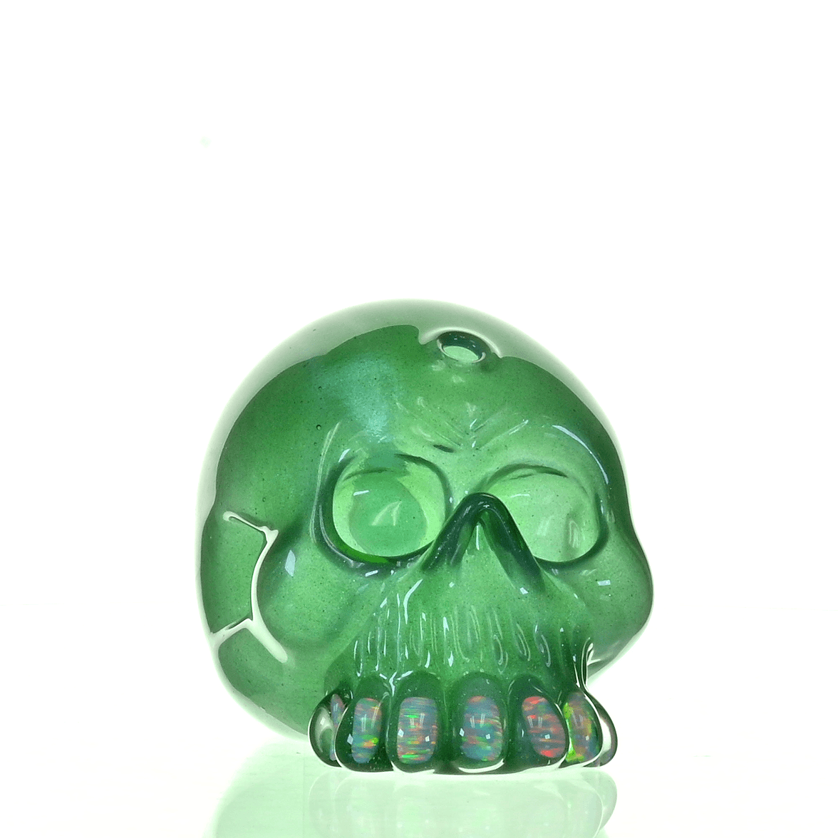 CARSTEN GLASS GREEN SATIN SKULL RIG W/OPAL TEETH - Smoke Spot Smoke Shop
