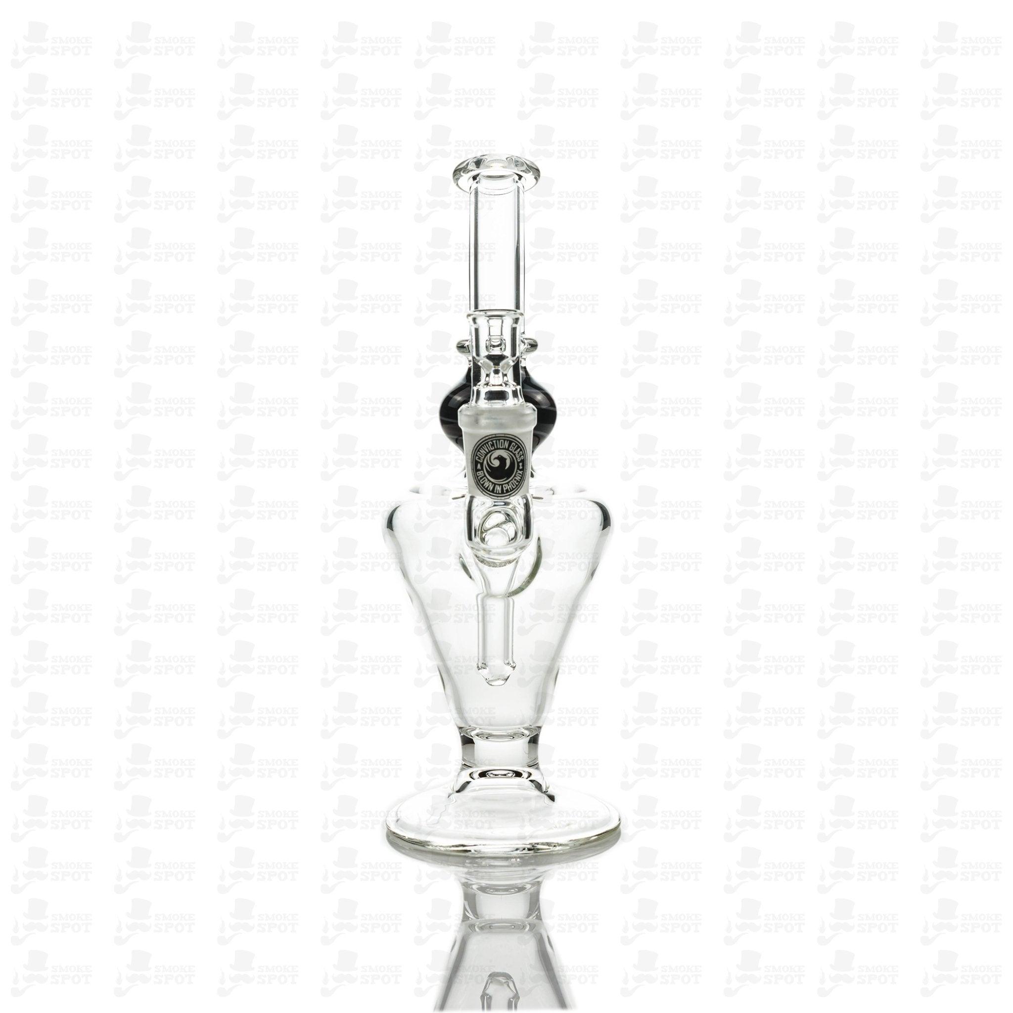 Close-up of Conviction Glass scientific glass rig design black red white