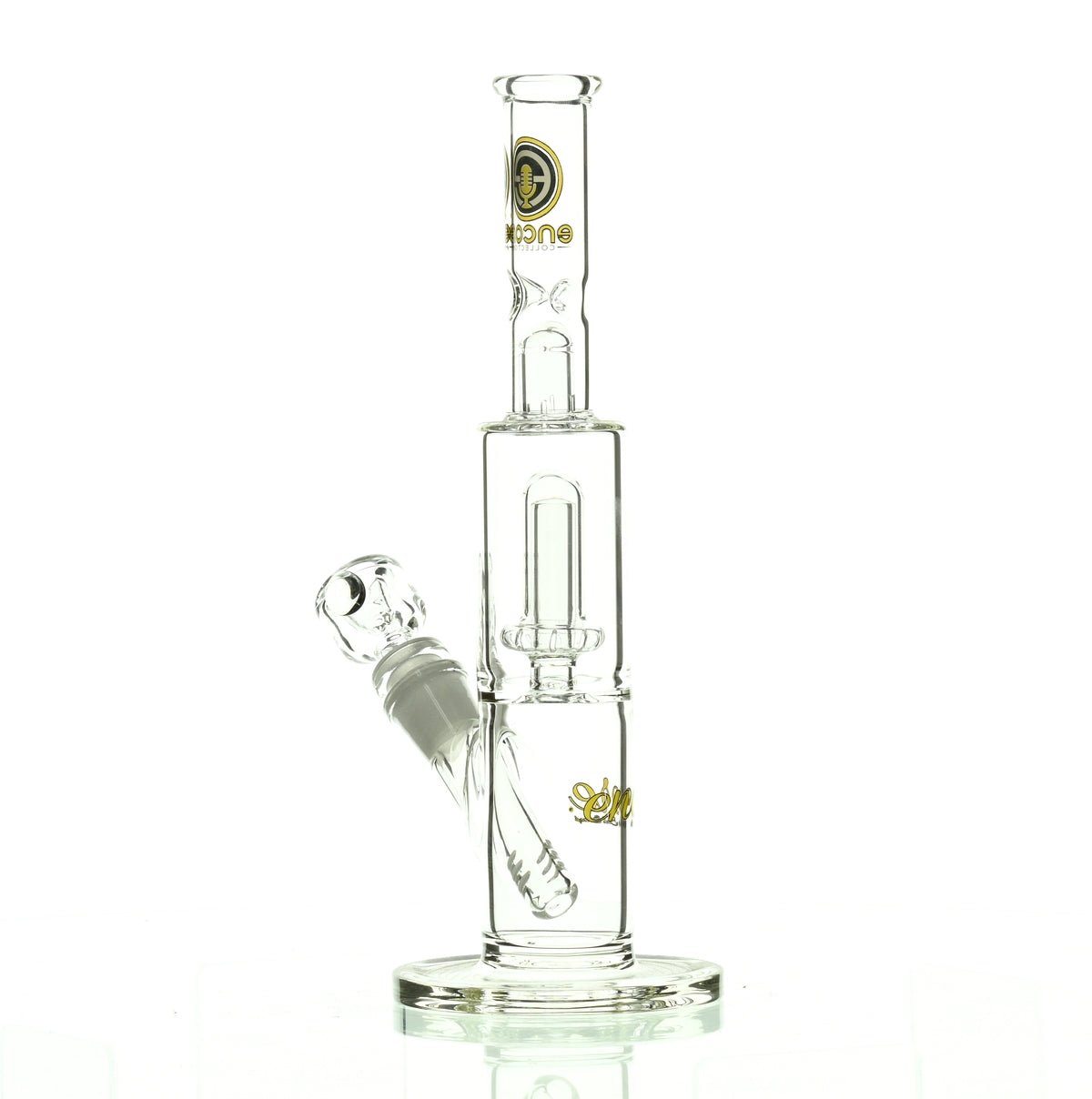 Encore 10 inch straight tube waterpipe with showerhead perc in yellow - front angle