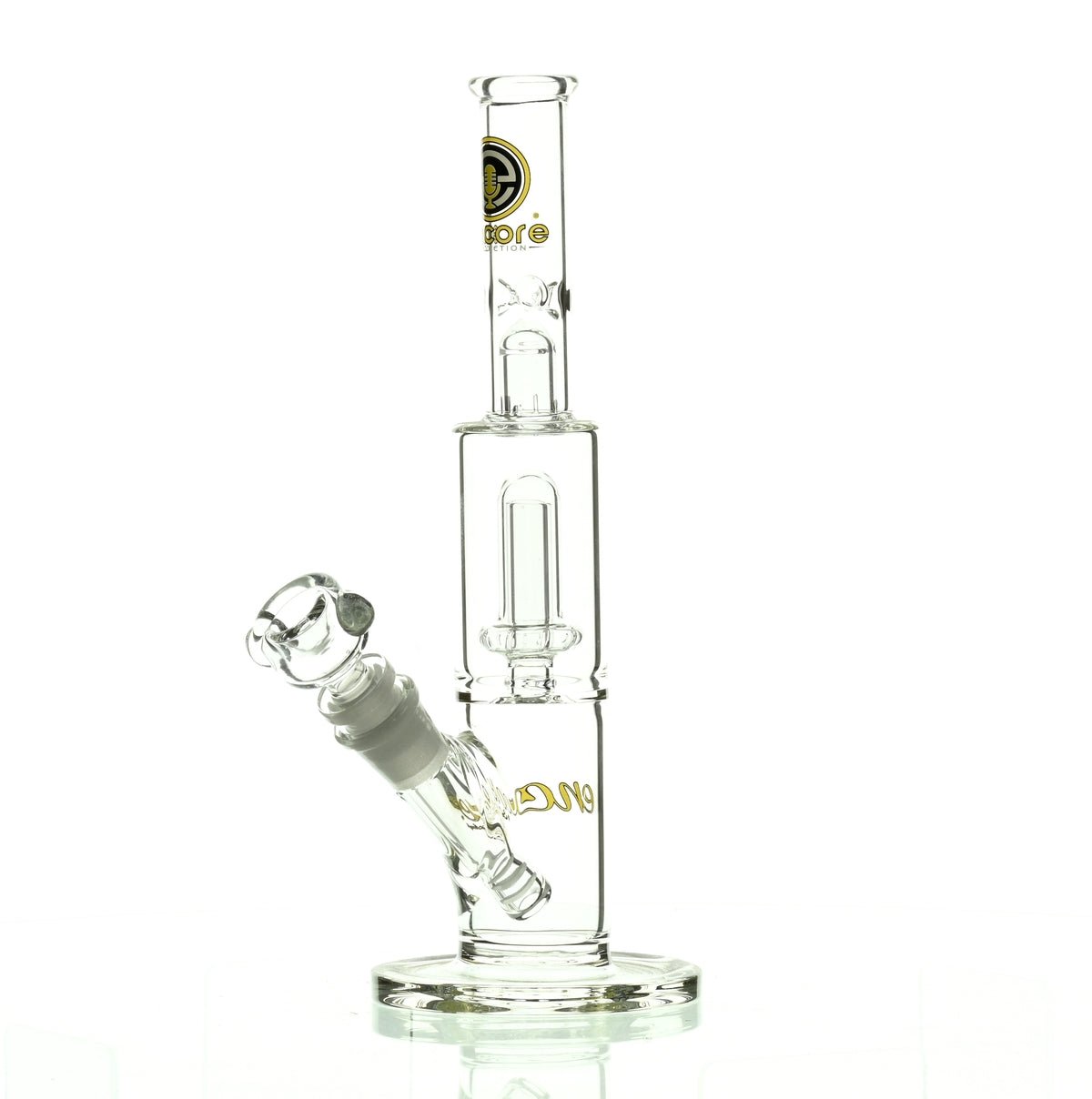 Side view of Encore 10 inch straight tube waterpipe with yellow showerhead perc