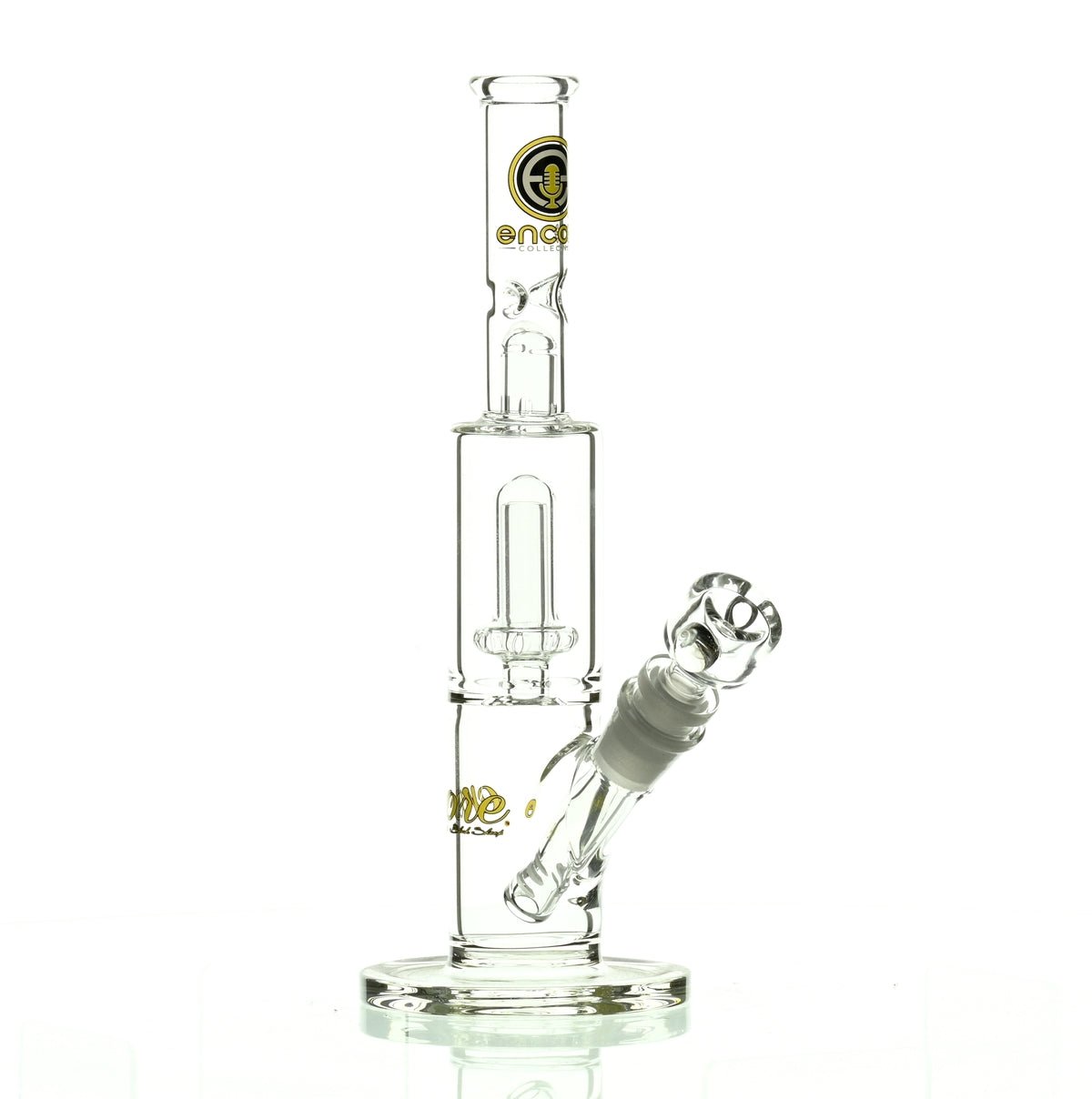 Encore 10 inch straight tube waterpipe with yellow showerhead percolator close-up