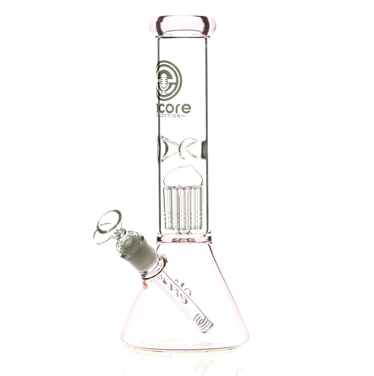 Close-up of ENCORE 12 inch Pink Beaker Waterpipe Tree Perc - Smoke Spot Glass