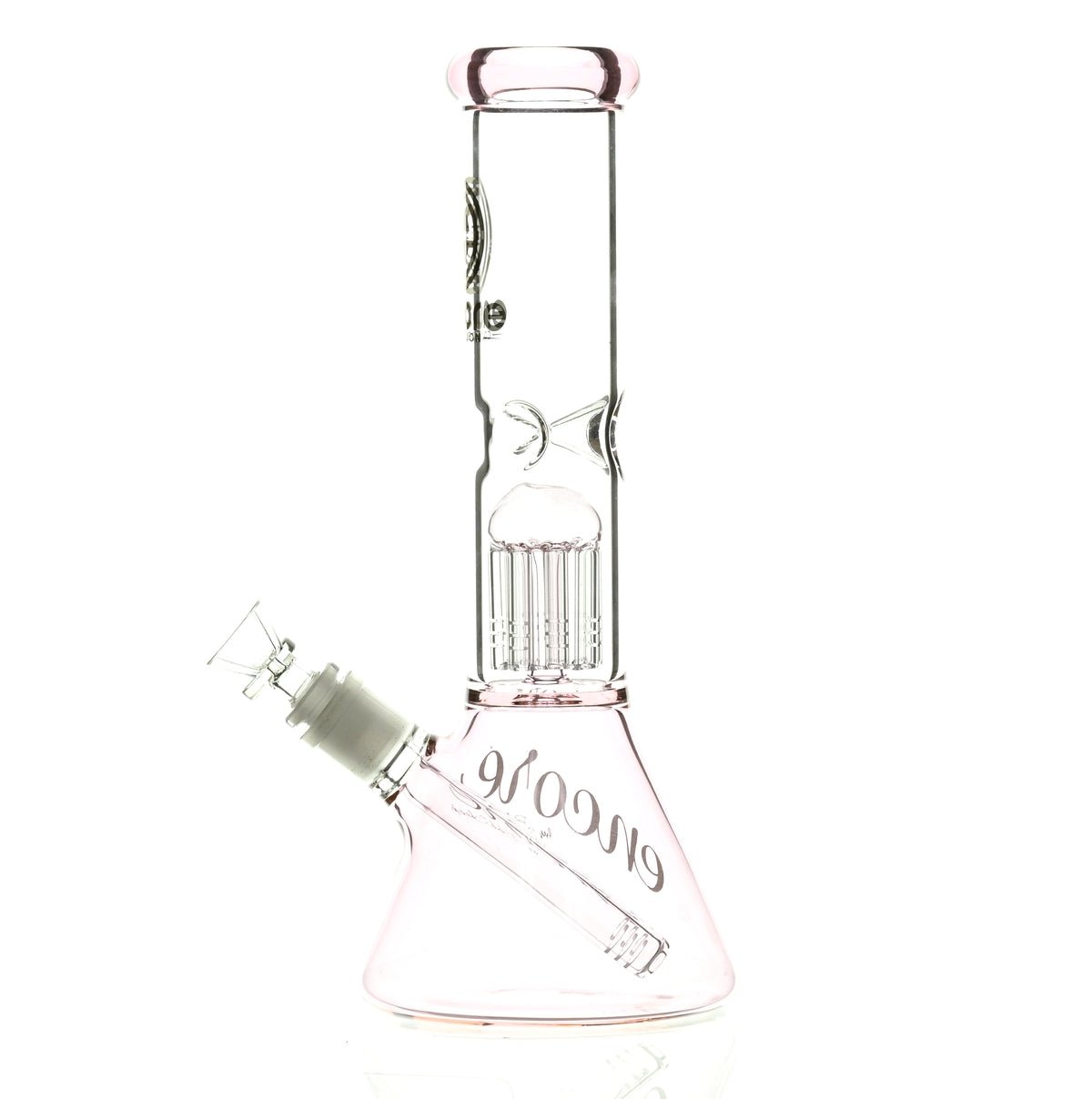 Side view of ENCORE 12 inch Pink Beaker Waterpipe with Tree Perc - Smoke Spot Glass