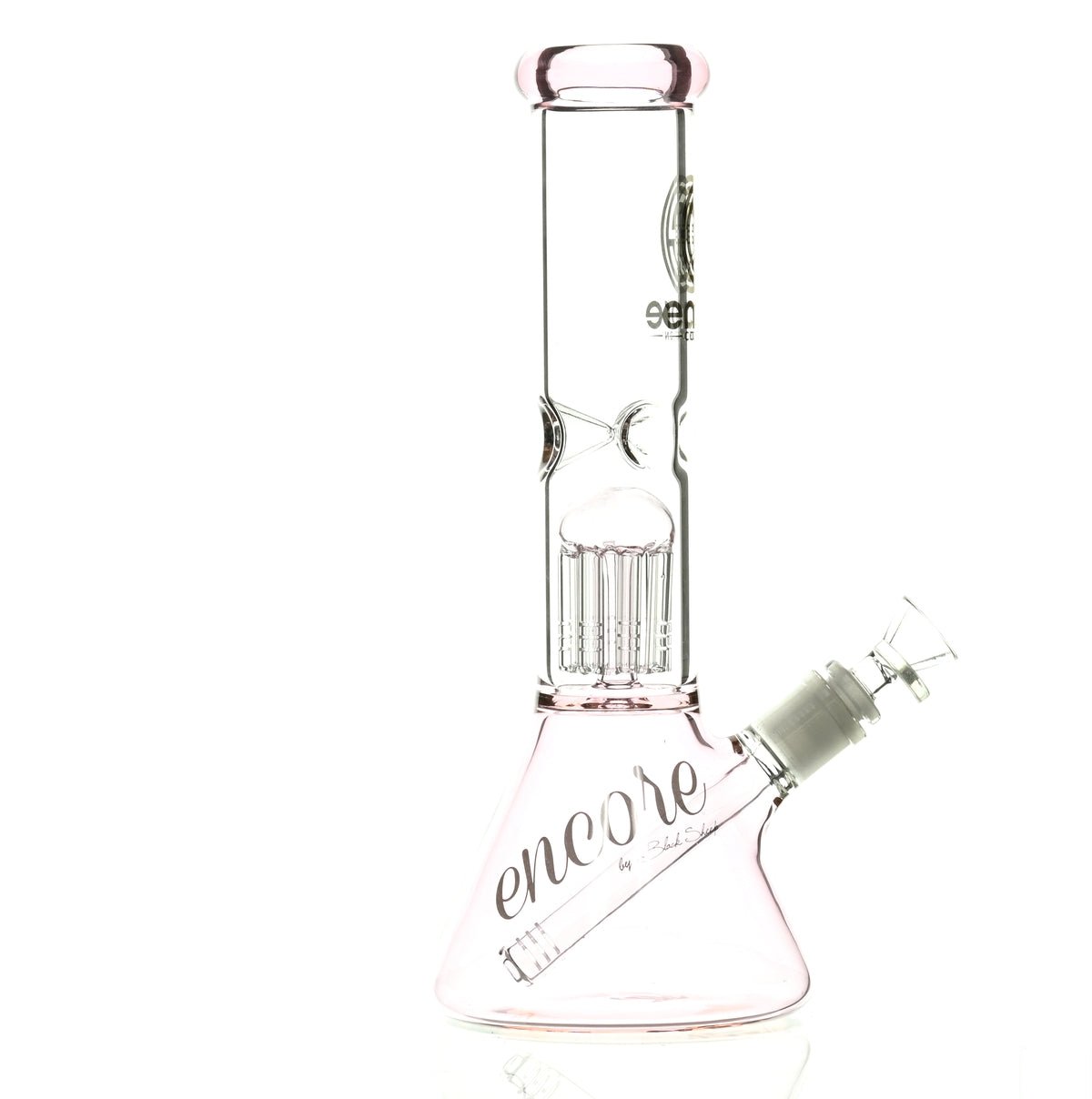 ENCORE 12 inch Pink Beaker Waterpipe with Tree Perc angled view - Smoke Spot Glass