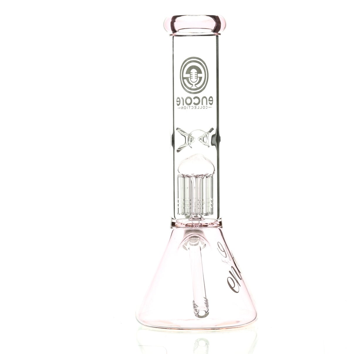 Top view of ENCORE 12 inch Pink Beaker Waterpipe with Tree Perc - Smoke Spot Glass