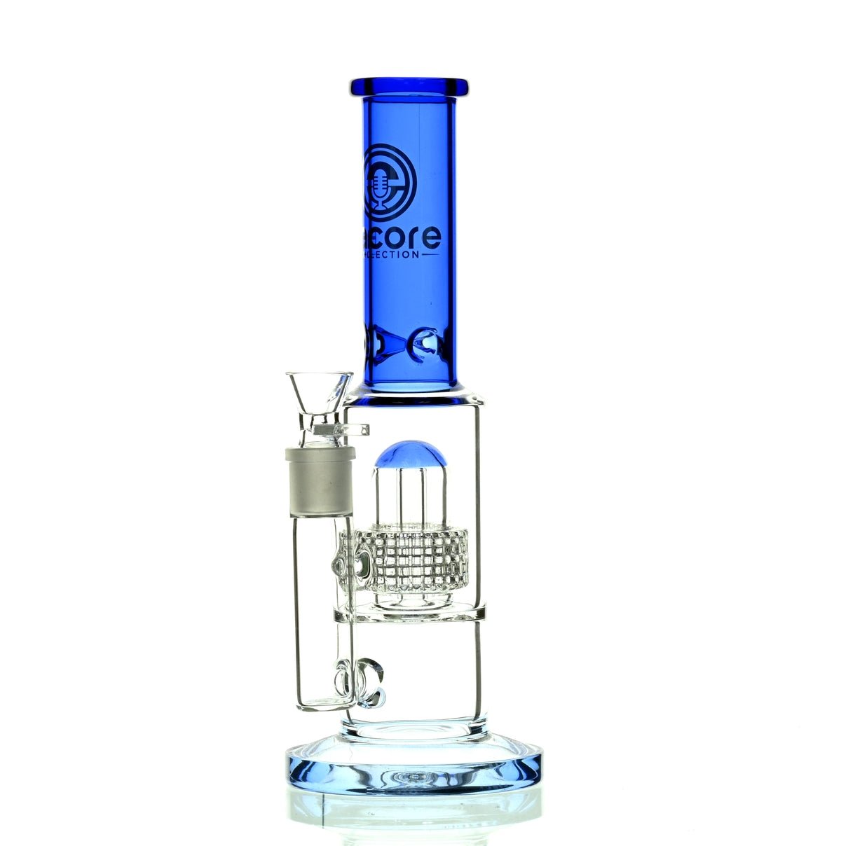 Close-up of ENCORE 12 inch Metrix Showerhead Perc Blue glass bong