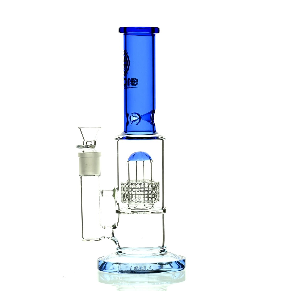 Side view of ENCORE 12 inch Metrix Showerhead Perc Blue waterpipe