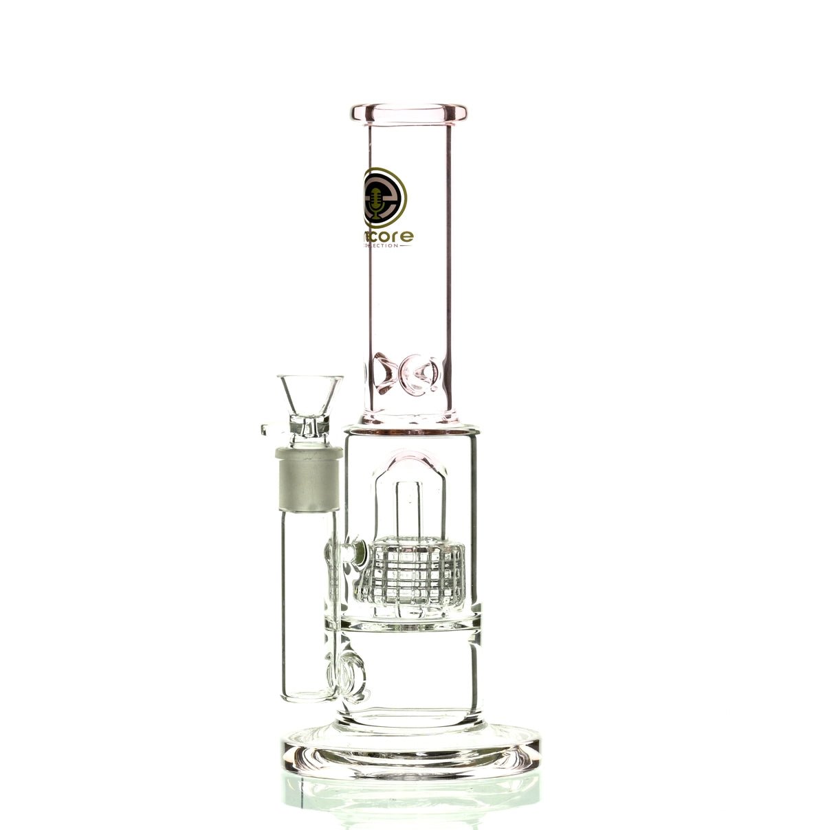 Side view of Encore 12 inch Metrix Showerhead Perc Pink Recycler