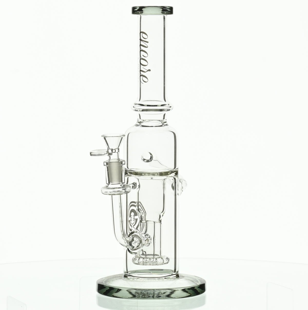 Side view of ENCORE 12 inch Recycler with Showerhead Perc - Smoke Spot Glass