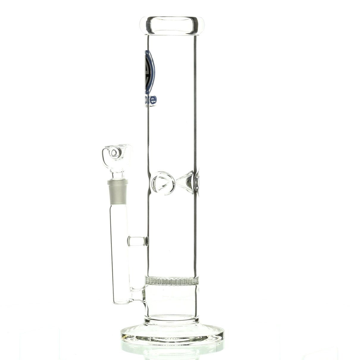 Side view of ENCORE 12 inch straight tube with blue logo and honeycomb perc