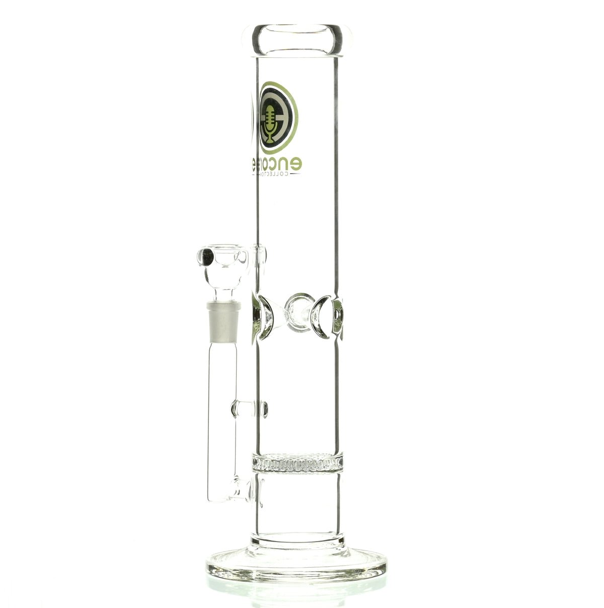 Top view of ENCORE 12 inch straight tube waterpipe with green logo