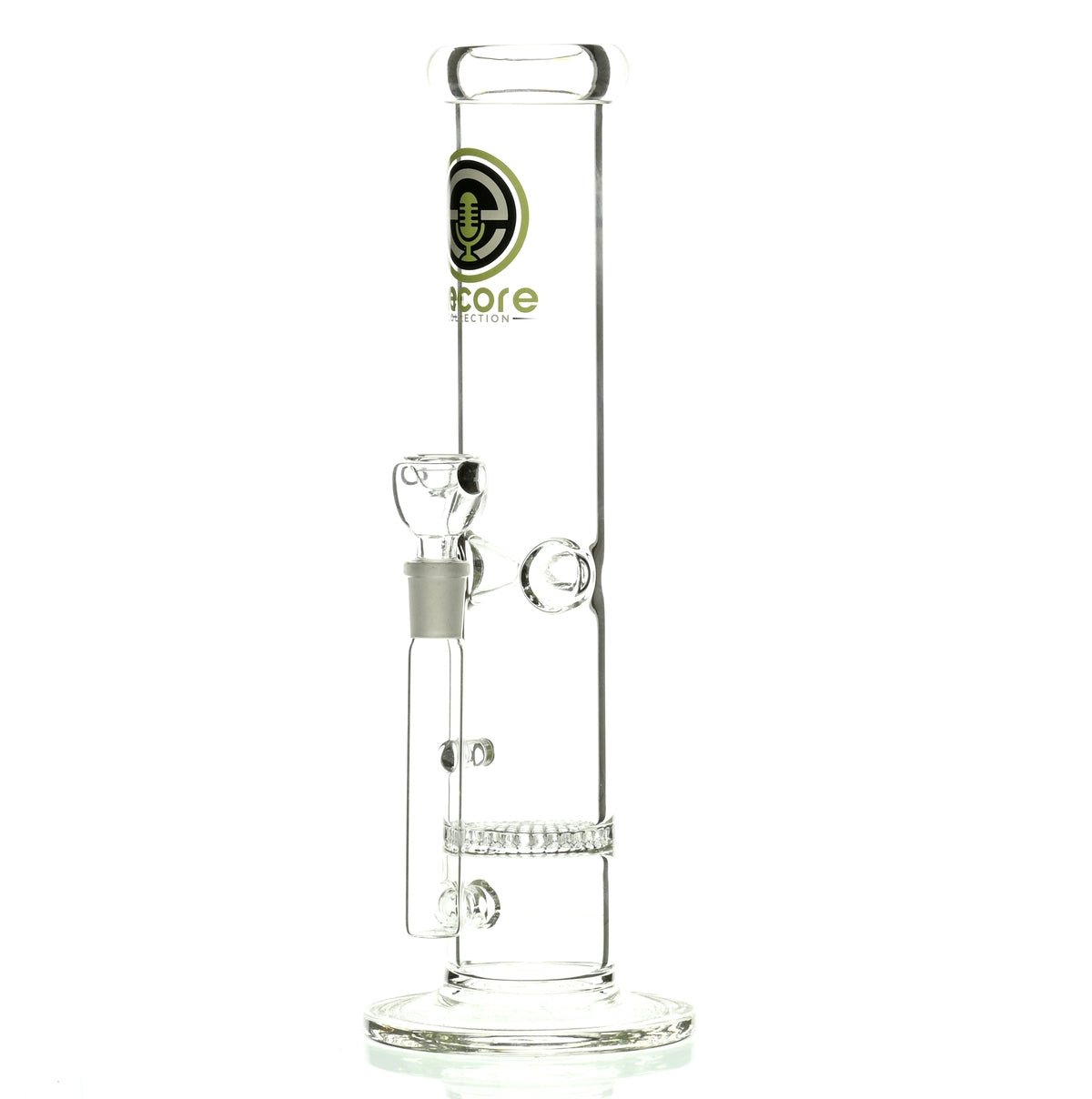 Side view of ENCORE 12 inch straight tube waterpipe with honeycomb perc and green logo