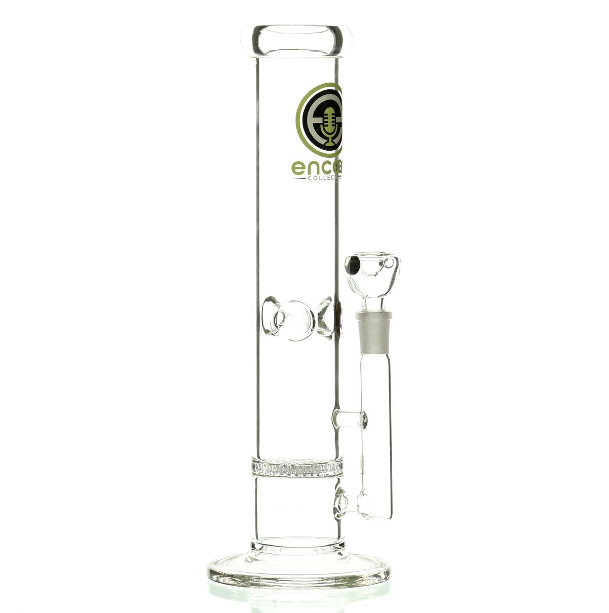 ENCORE 12 inch straight tube waterpipe with honeycomb percolator and green logo on display