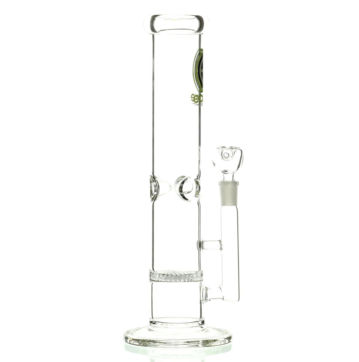 Full view of ENCORE 12 inch straight tube waterpipe with honeycomb perc and green logo