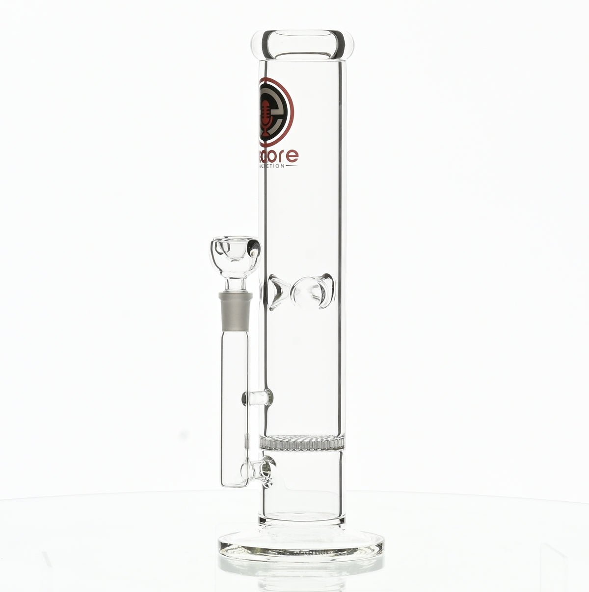 Side view of Encore 12 inch straight tube with honeycomb perc and red logo