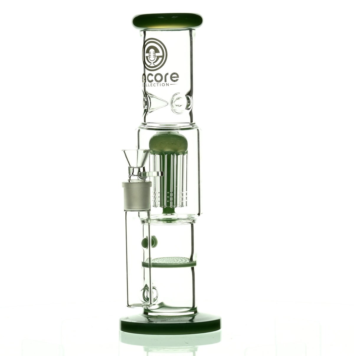 Side view of ENCORE 12 inch Straight Tube Waterpipe with Tree and Honeycomb Stack Perc - Milky Green