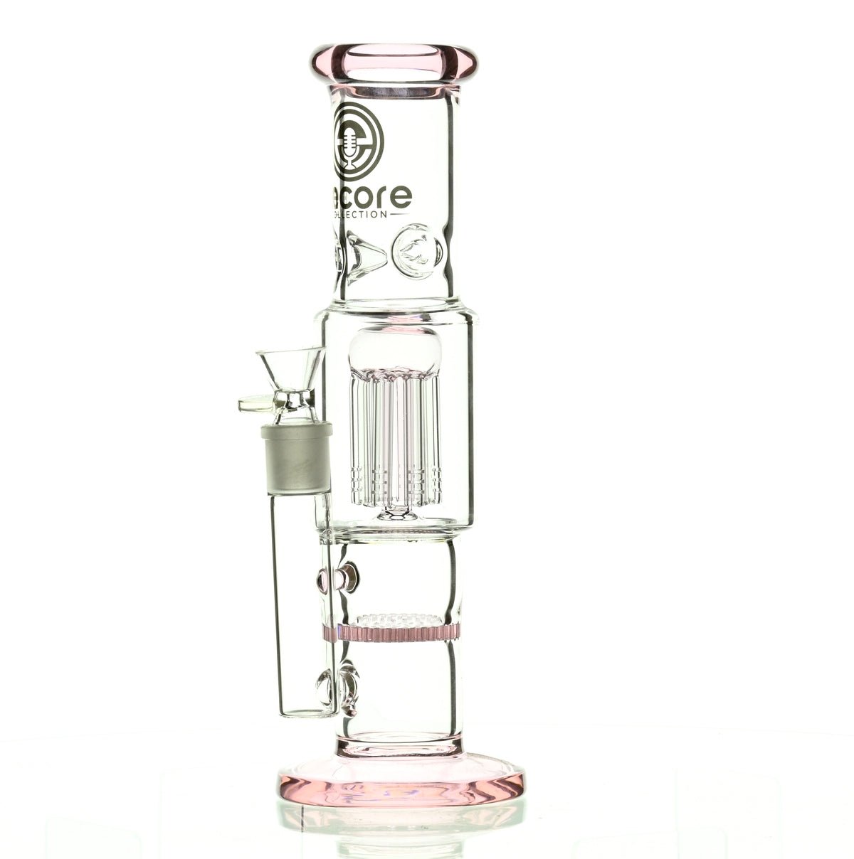 Side view of ENCORE 12 inch Straight Tube Waterpipe with Tree and Honeycomb Stack Perc Pink