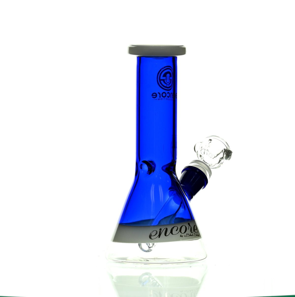 ENCORE 8 inch Full Color Blue Beaker Waterpipe angled shot showing glass thickness