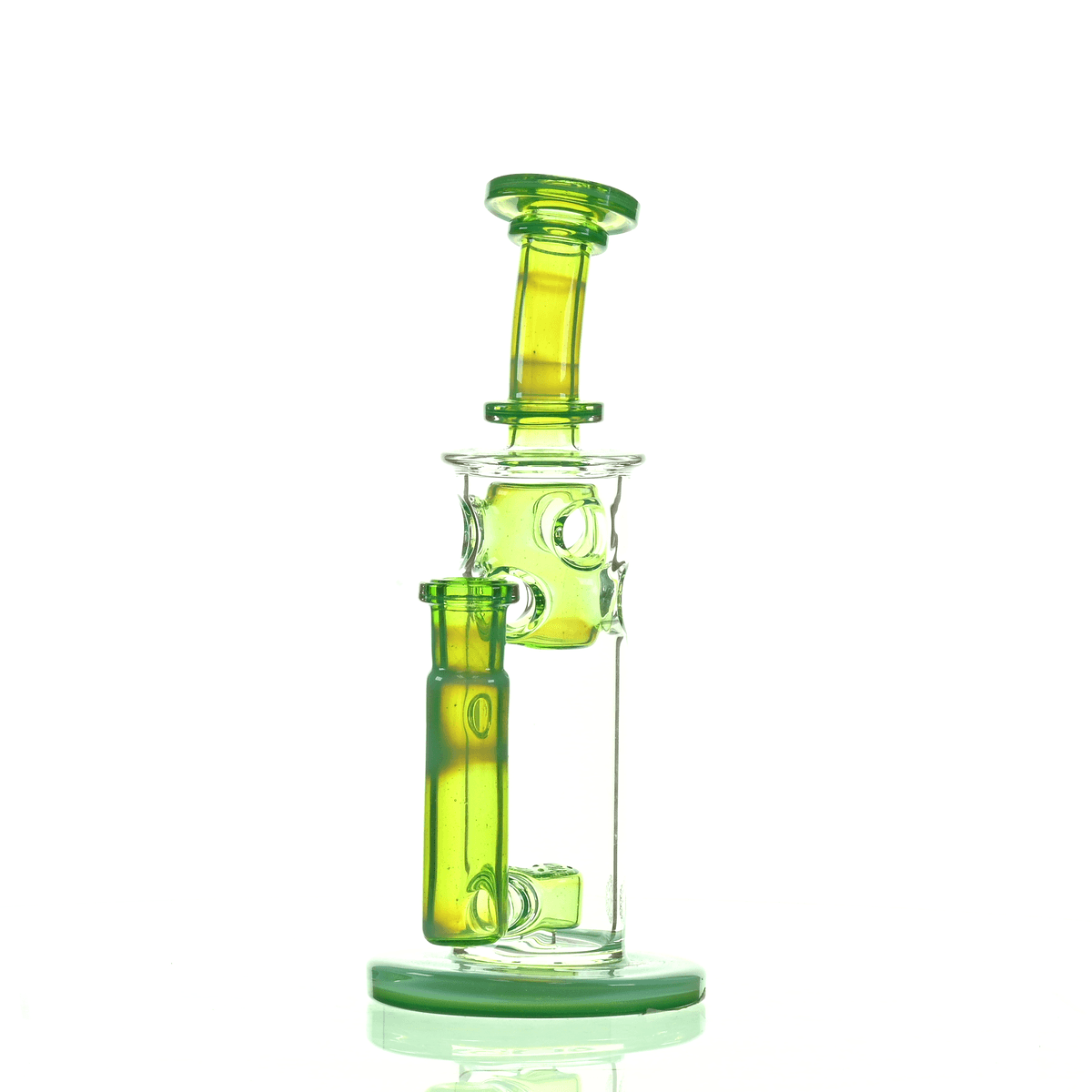 Fatboy Glass Puck Perc Titan Rig close-up of puck percolator and Swiss accent