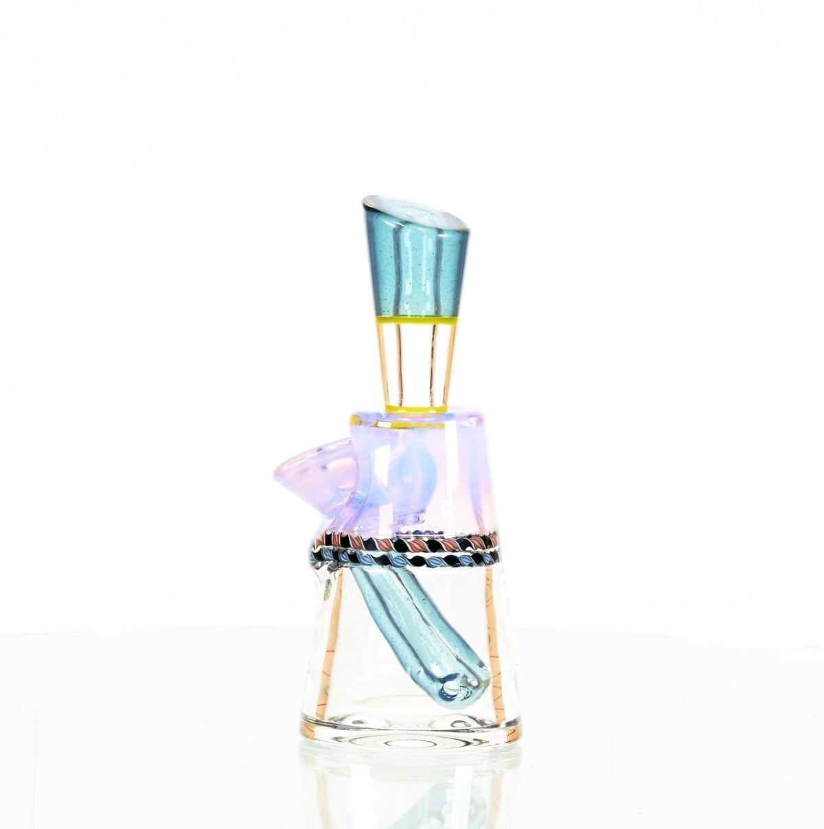 Close-up of Purple Rain and Ghost Lost City V2 design on glass rig