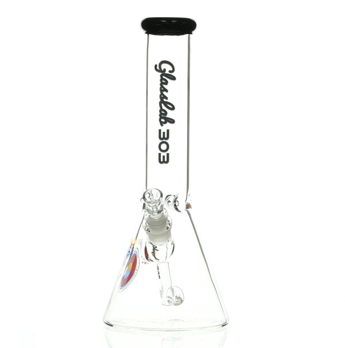Side view of GLASSLAB 303 Beaker Black Accent scientific waterpipe with black accents
