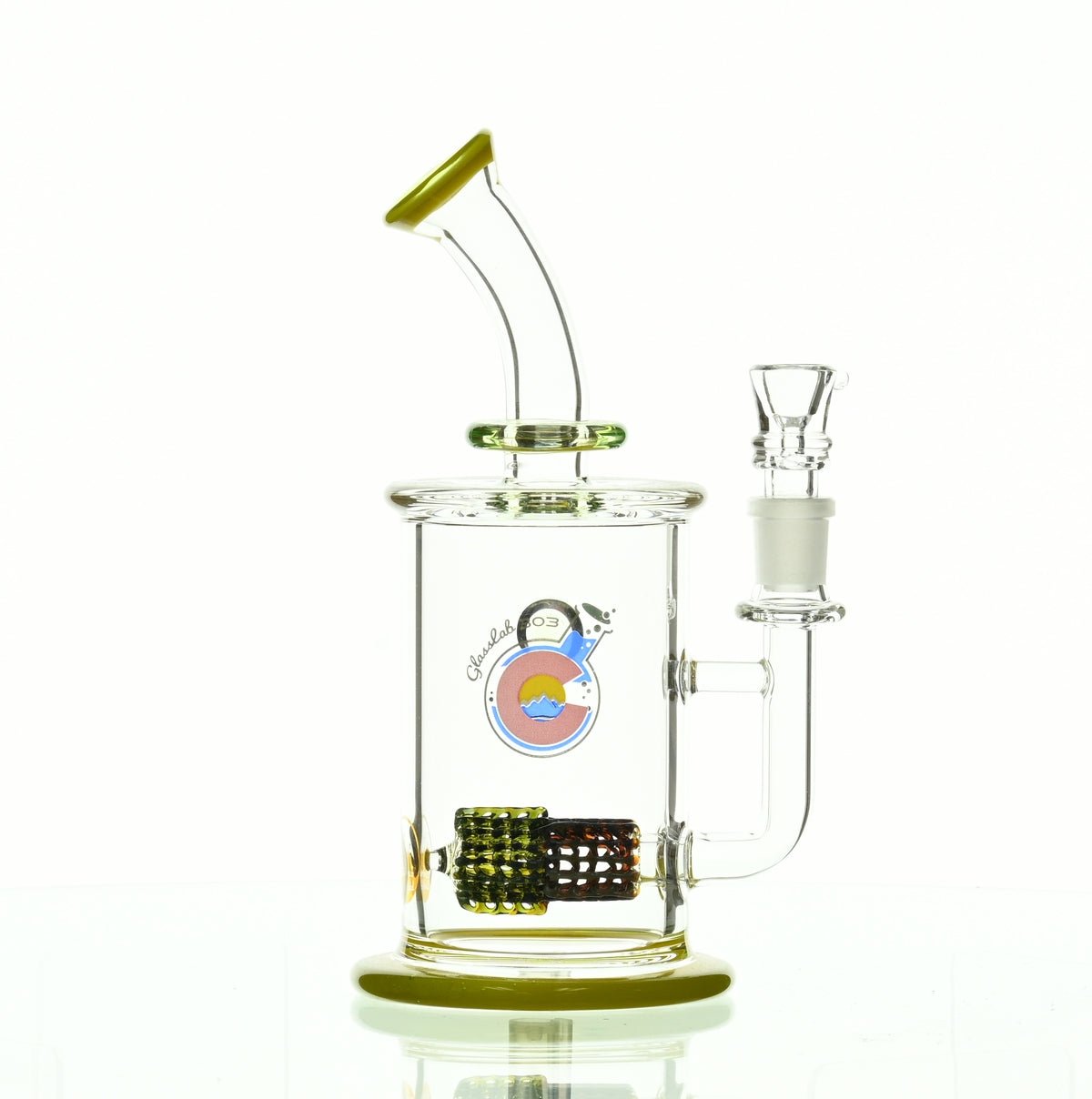 GLASSLAB 303 CAM 04 Inline Matrix Waterpipe in Green and Clear Yellow - Premium 14mm Glass Rig