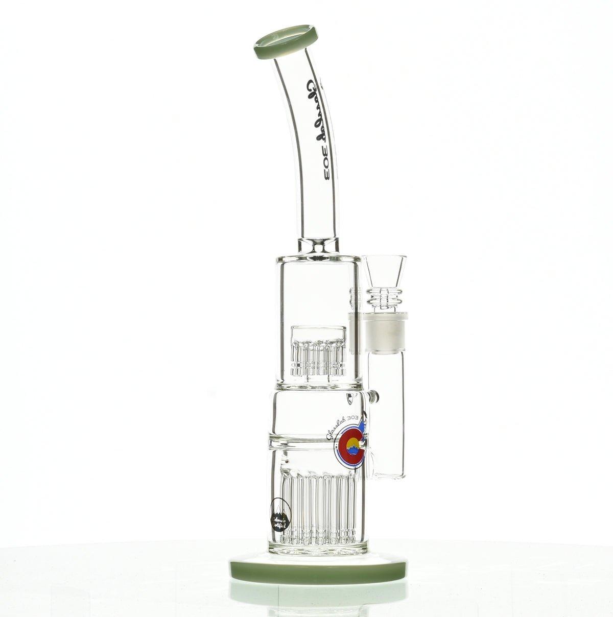 Detailed view of glasswork on GLASSLAB 303 GLBCTR light green accents rig