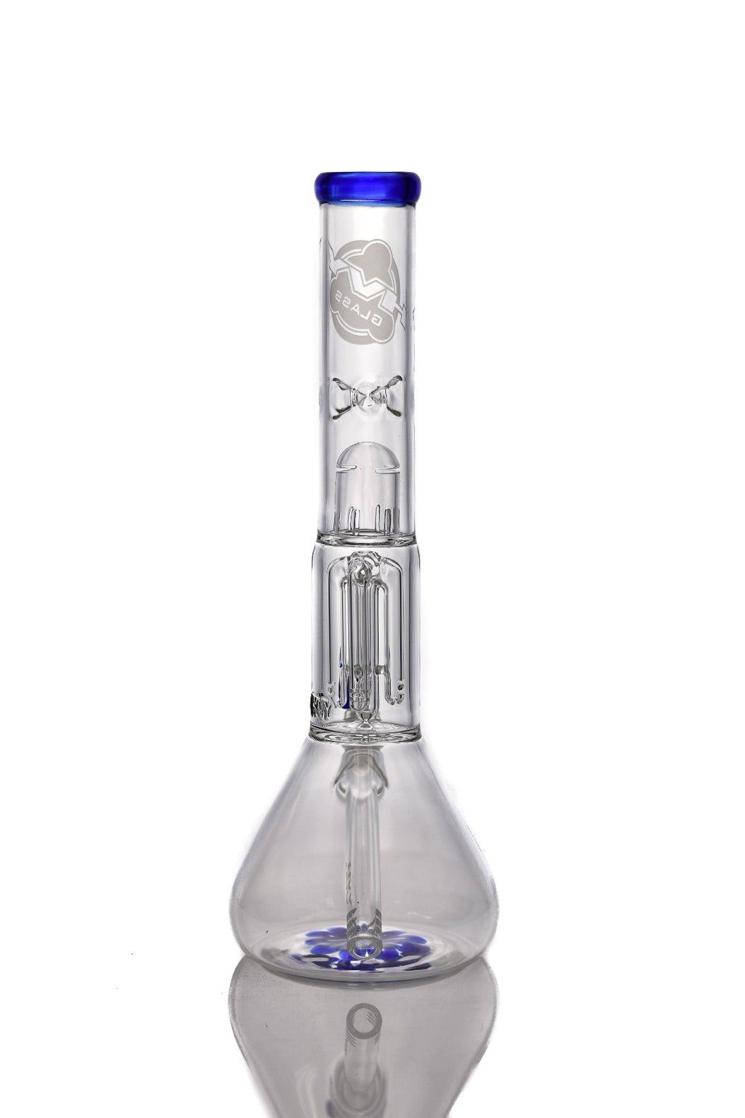 Close-up of blue tree percolator in HVY Clear Beaker waterpipe