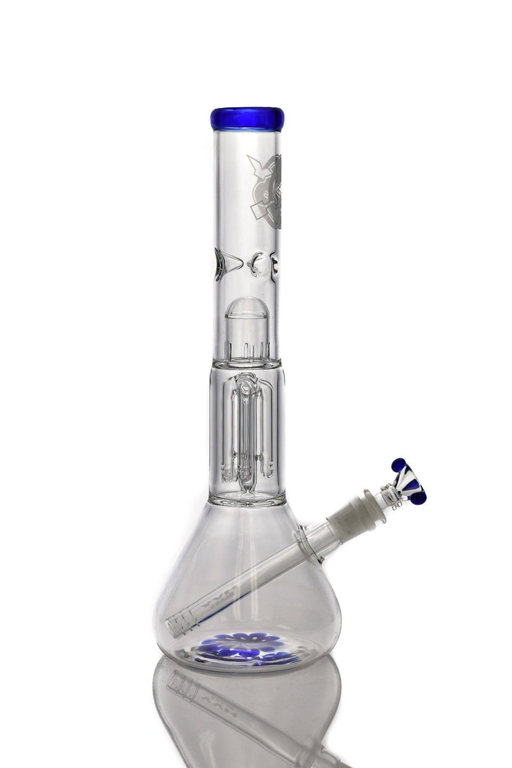HVY Clear Beaker With Tree Perc Blue waterpipe showing beaker base